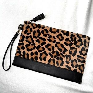 NEW! LONGCHAMP Ponyhair & Smooth Leather Leopard Print Large Wristlet Pouch NWOT